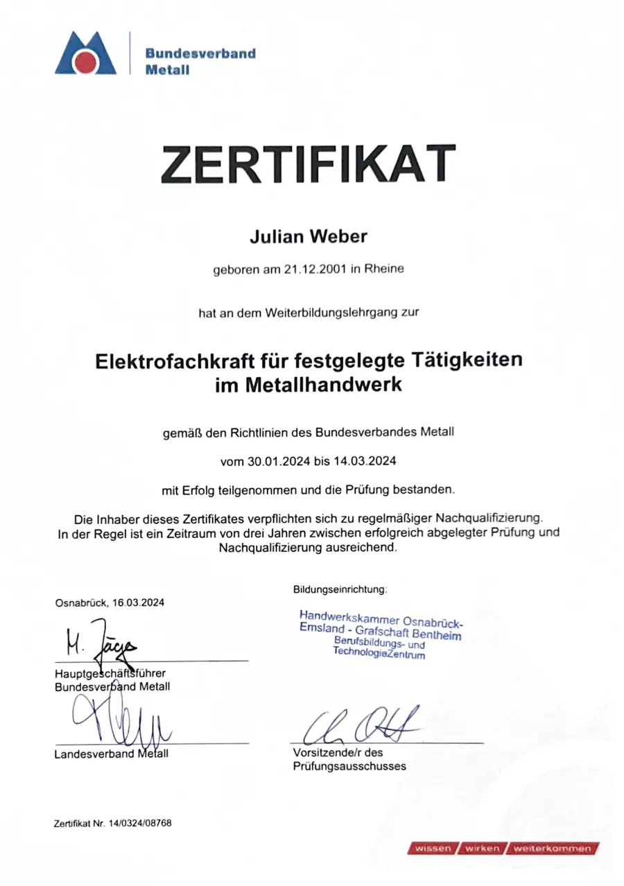 Zertifikat Elektrofachkraft für festgelegte Tätigkeiten von Julian Weber