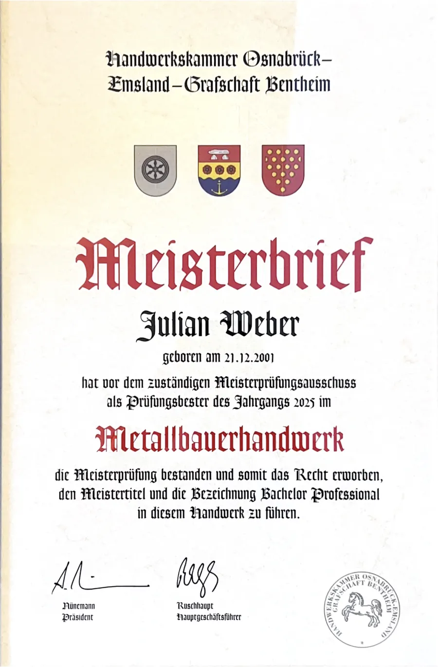 Meisterbrief im Metallbauerhandwerk von Julian Weber