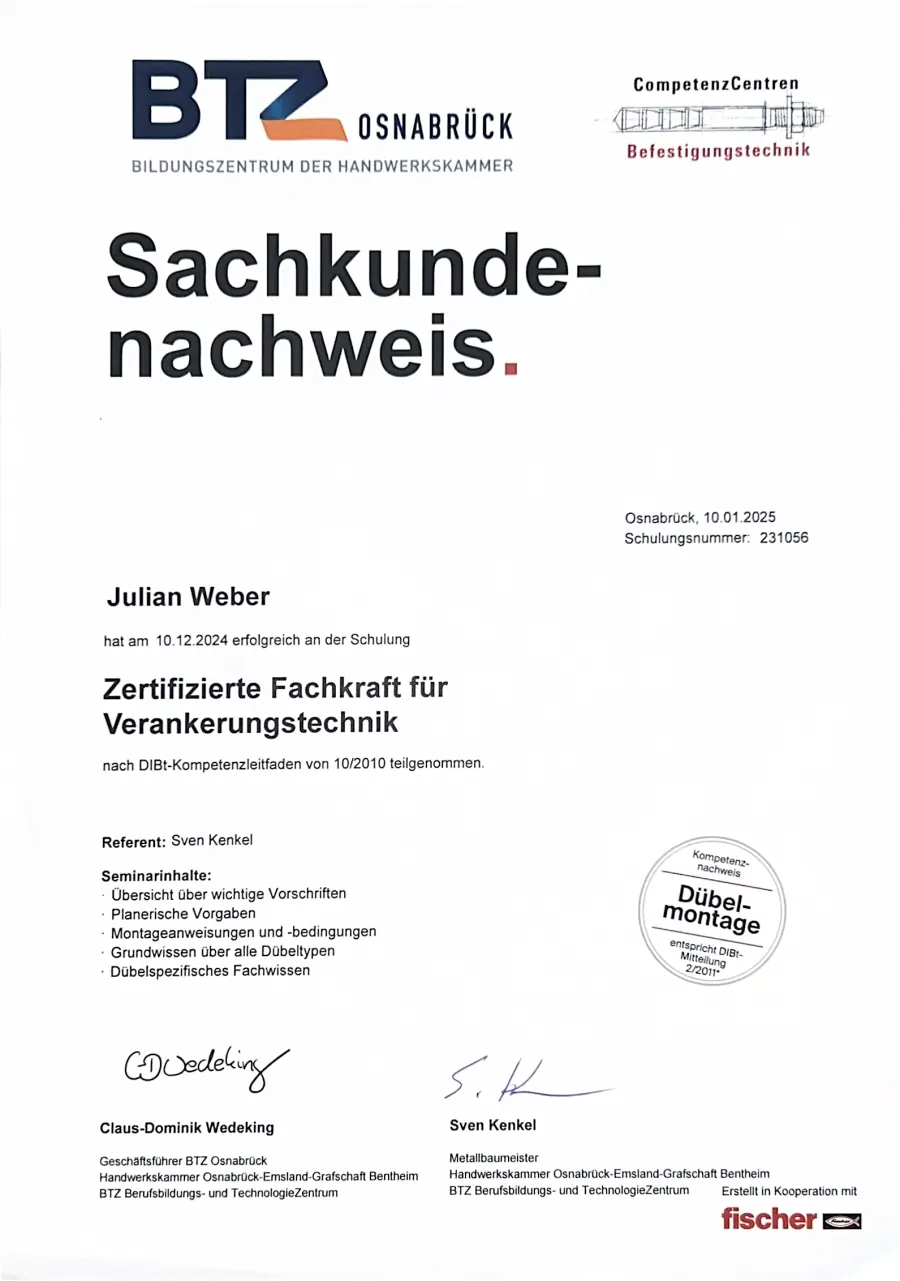 Sachkundenachweis Verankerungstechnik von Julian Weber